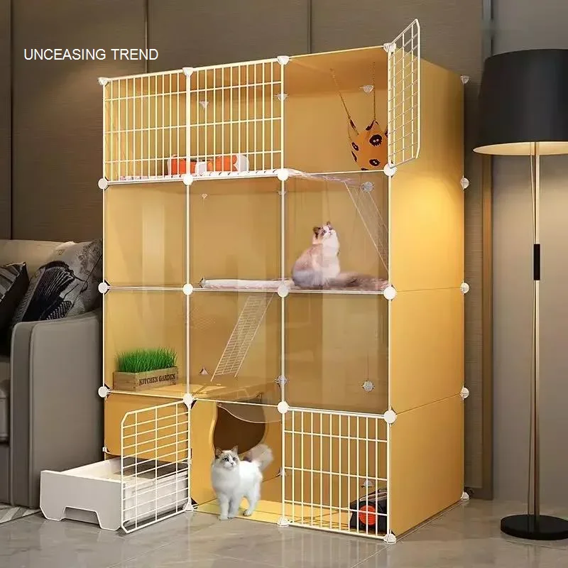 Transparent Cat House Living Room Balcony Pet Cat Fence with Toilet Cat Villa Pet Cage with Sand Basin Sand Shovel