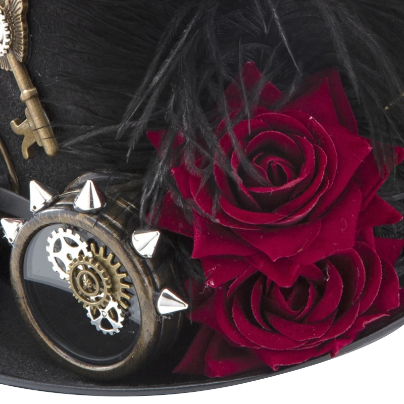 Sombrero de copa Retro Punk Steampunk victoriano Rosa oscura, cadena de engranajes gótica, accesorio de vestido de lujo para hombres y mujeres, DXAA