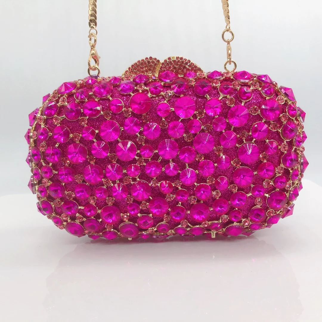 New Arrival Fuchsia Rhinestone Women Evening Bag Luxury Hot Pink Crystal Wedding Bags Bridal Clutches Lady Diamond Handbags