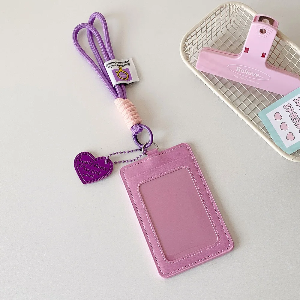 

Korean PU Leather Card Holder Double Card Slot with Lanyard Photos Protective Cover Card Bag