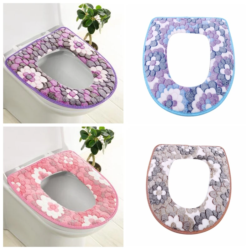 Toilet Seat Cover Flannel Winter Warm Prints Thicken Comfortable Soft Toilet Seat Cushion Waterproof Home Bathroom Accessories