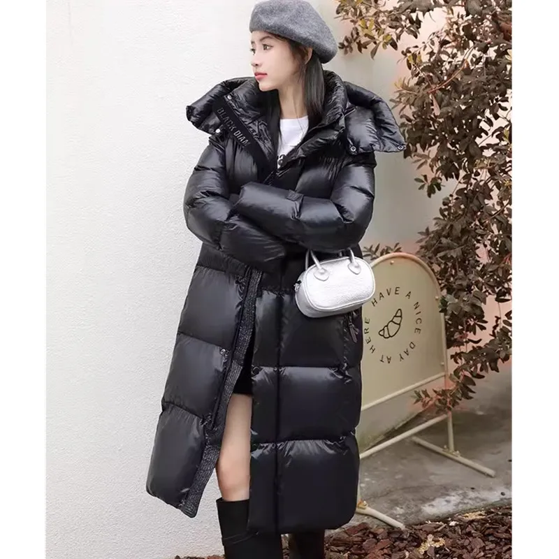 

Black Thicken Women's Glossy White Duck down Jacket 2024 Winter New High-end Hooded Down Coat Female Warm Long Parkas Overcoat