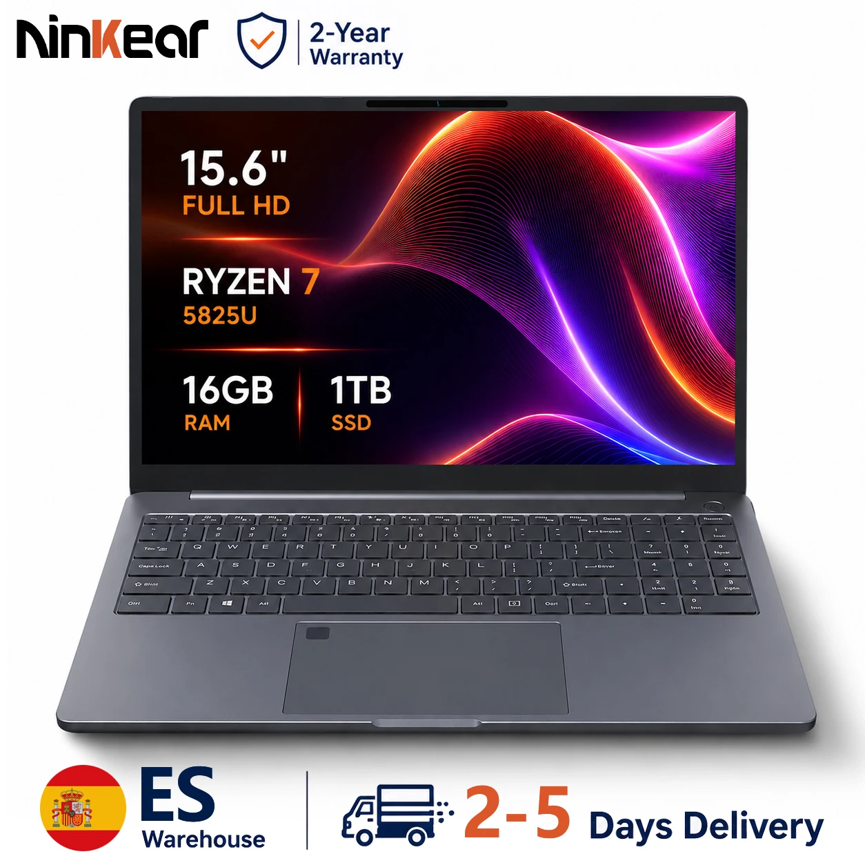 Portátil Ninkear A15 Plus de 15.6" FHD IPS, AMD Ryzen 7 5825U, 16GB RAM, 1TB SSD, WiFi 6, Teclado Retroiluminado, Desbloqueo por Huella Dactilar, USB-C PD 65W, Windows 11, Metálico, Enchufe Europeo