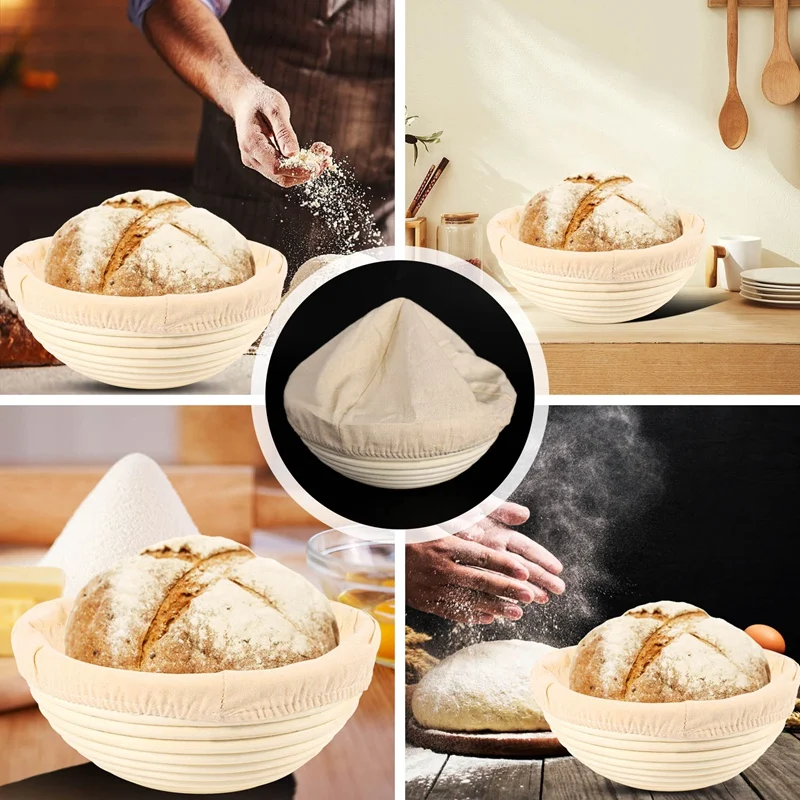 Round Banneton Proofing Basket Set – Brot Form Unbleached Natural Cane Bread Baking Kit With Cloth Liner