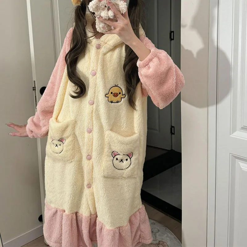 2024 Kawaii Cute Rilakkuma Hooded Pajamas Coral Fleece Nightgown Pants Set Thickened Insulation Autumn Winter Gift for Girls