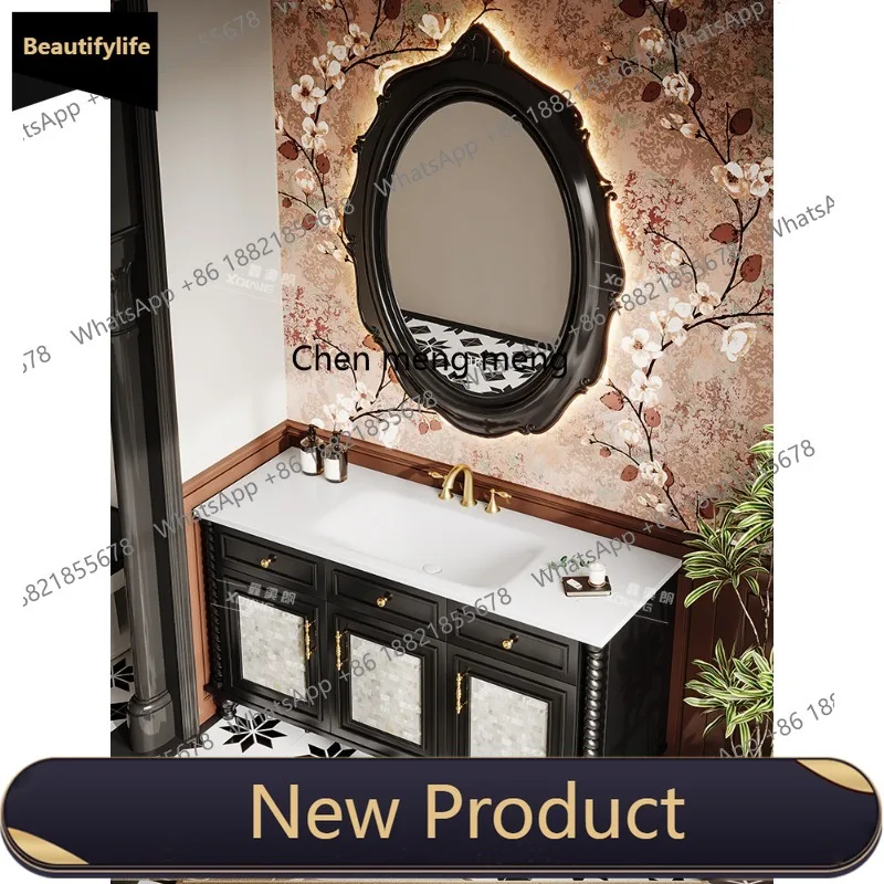 Oak French retro bathroom cabinet combination solid wood carved washbasin floor cabinet