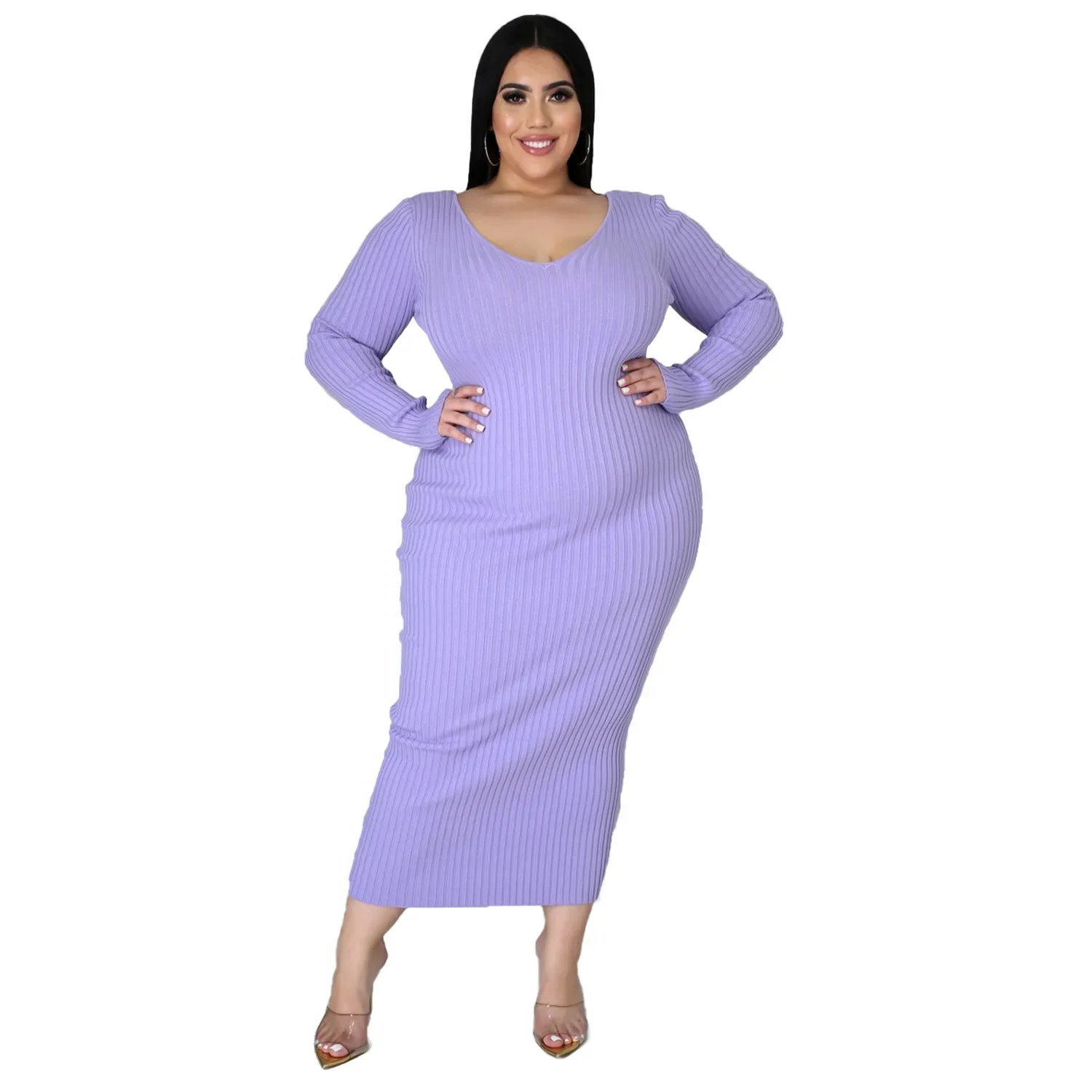 Plus Size Solid Color Long Sleeve Rib Pit Knit Cotton Mid-Calf Dress Women\'s Bottoming Long Dress Sexy Party Club Dresses