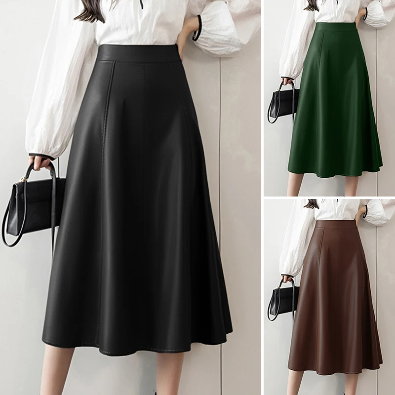 ZANZEA Donna PU Pelle Midi Jupes Autunno inverno Elegante Casual Gonna a vita alta allentata Gonna da ufficio solida Falda a vita alta