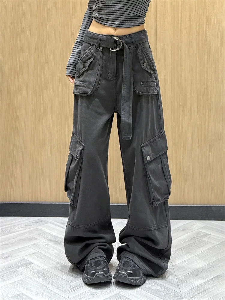 

American Streetwear Cargo Pants Women Spring Fall Multi Pocket Wide Leg Trousers Loose Straight Fit Casual Versatile Denim