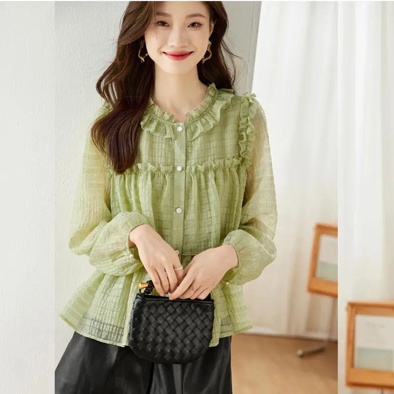 

Elegant Ruffled Neck Button Spliced Ruffles Chiffon Shirts Women's Clothing 2024 Autumn New Loose Office Lady Tops Chic Blouses