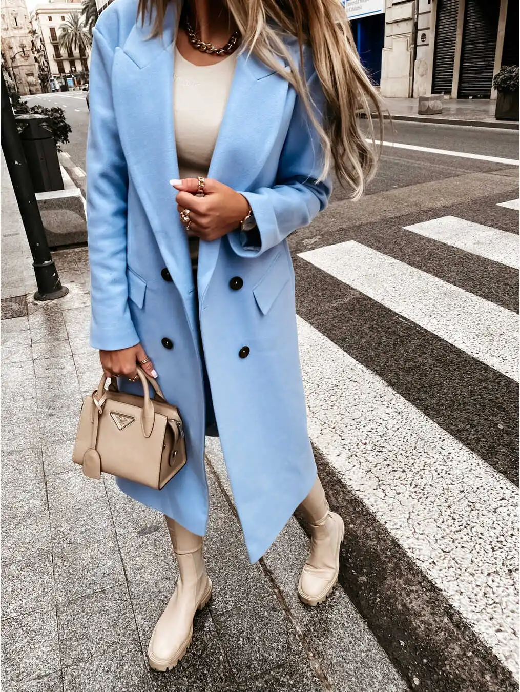 

Autumn 2024 Double Breasted Coat Street Sle Long Sve Mid-Length Polyester Women's Suit Collar Coat Faionable Outerwear