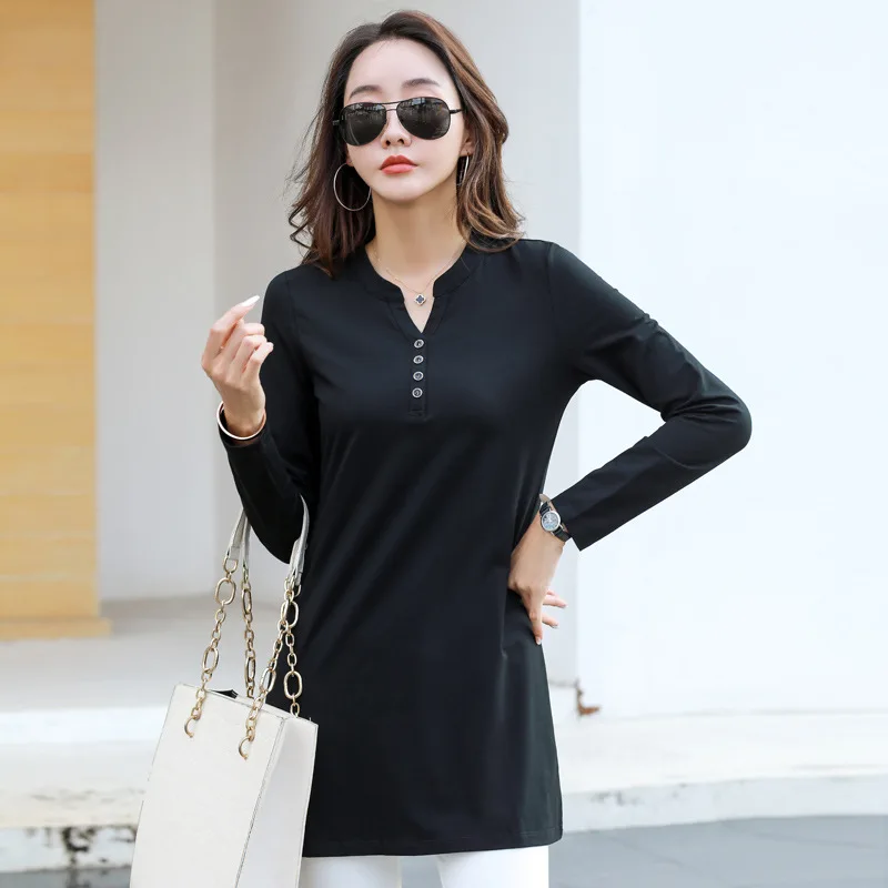 New Spring T Shirt Women Long Sleeve Fashion Pullovers V-Neck Buttons T-shirt Long Tunic Tops Autumn Basic Tees Solid Tshirt