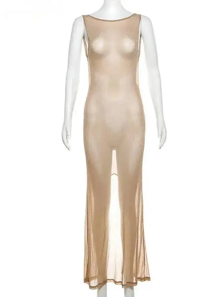 See Through Dress Female 2025 Summer Thin Sleeveless Glitter Splits Coquette Backless Clubwear Beach Sexy Vestidos KRQ8