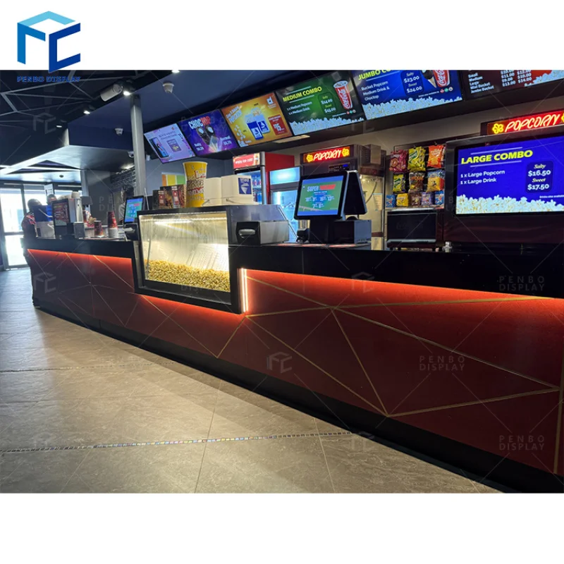 2025customized.Long Cinema Popcorn Reception Deak Cash Counter Display Showcase Shop Mall