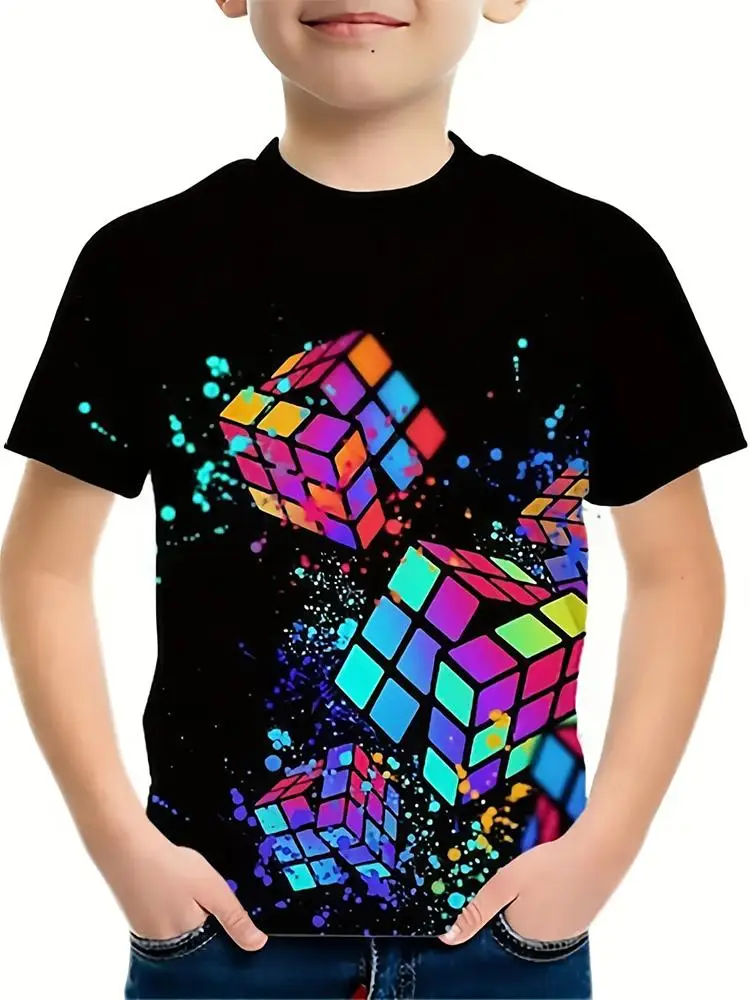 Jigsaw Cube 3d Printing T-shirt Fashion Rubik’s Cube Pattern TShirt Summer Boys Girls Tee Tops Streetwear Tops Children Clothing