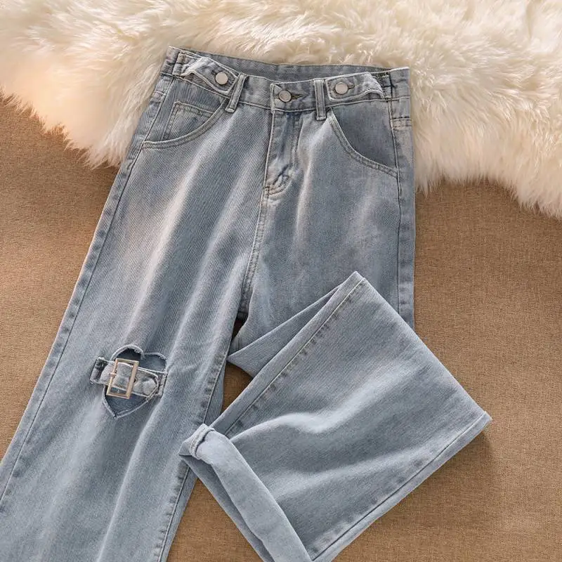 

Summer Wide Leg Jeans Women 2024 New Spring Loose Slimming Straight High Waist Heart Shape Hole Denim Mop Long Trousers