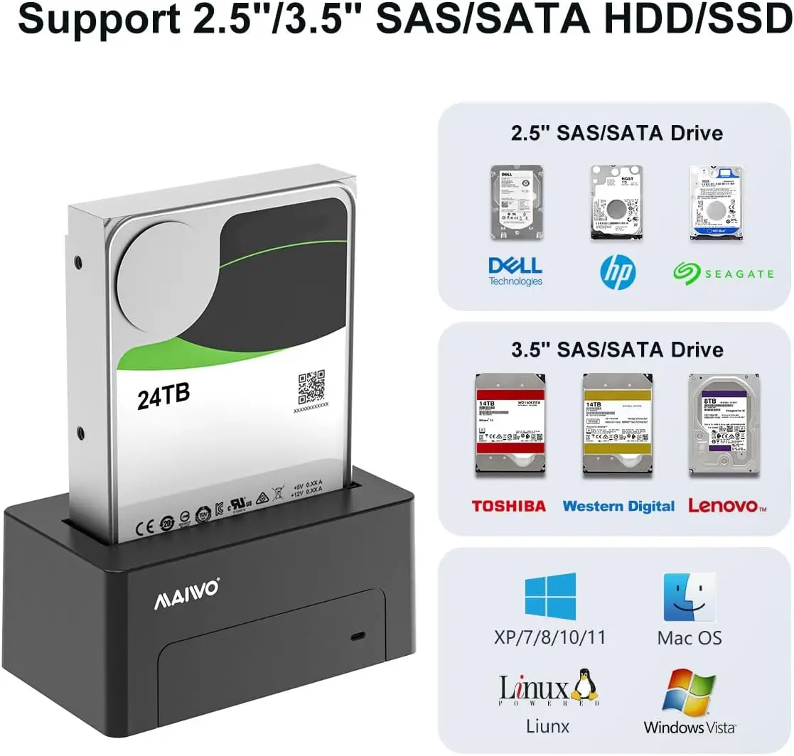 MAIWO SAS Ke USB3.0 Adaptor SAS SATA Hard Drive Enclosure Reader untuk 2.5 3.5 ''HDD SSD Kapasitas 24TB dengan Alat Listrik 12V/2A Gratis