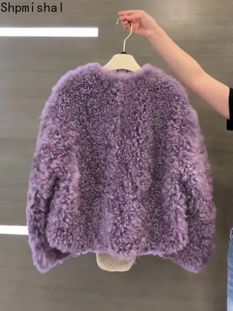 2023 autunno/inverno nuova moda cappotto di peluche moda donna di fascia alta corto viola cappotto in pile di agnello tendenza