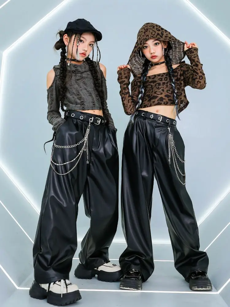 Meninas hip hop recortado rasgado fora do ombro leopardo hoodies calça de couro do plutônio crianças conjuntos de roupas de dança de rua crianças trajes k-pop