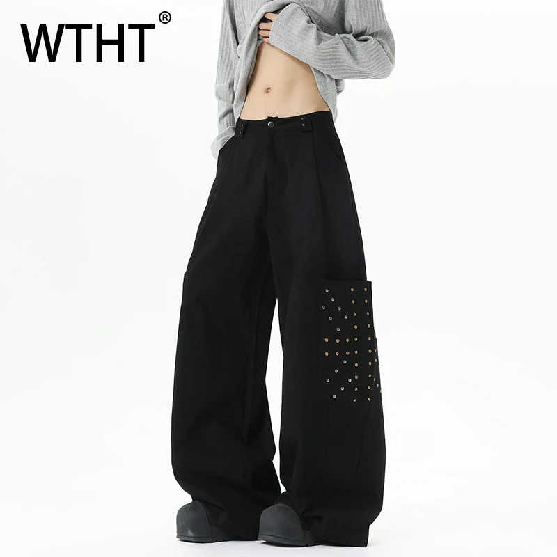 

Мужские брюки WTHT Fashion 2025: Зимние, с заклепками, в американском стиле, прямые, с высокой талией, трендовые, модель 2A2597