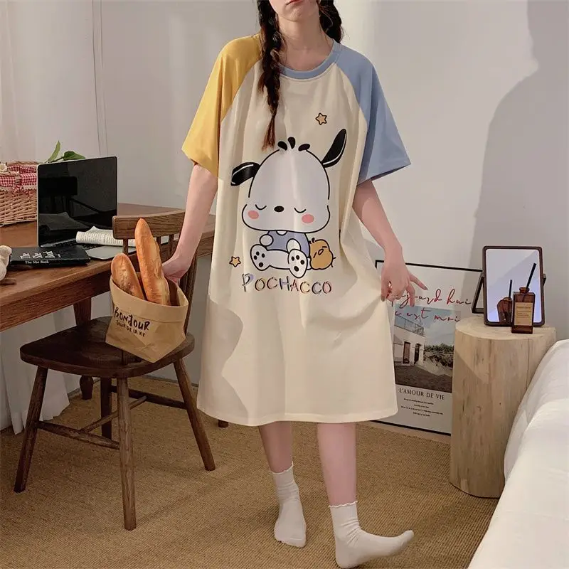 HelloKitty Pochacco Cinnamon Women Sleepwear Loose Large Size Kawaii Cute Cartoon Nightdresses Oversize Cozy Pajama  Loungewear