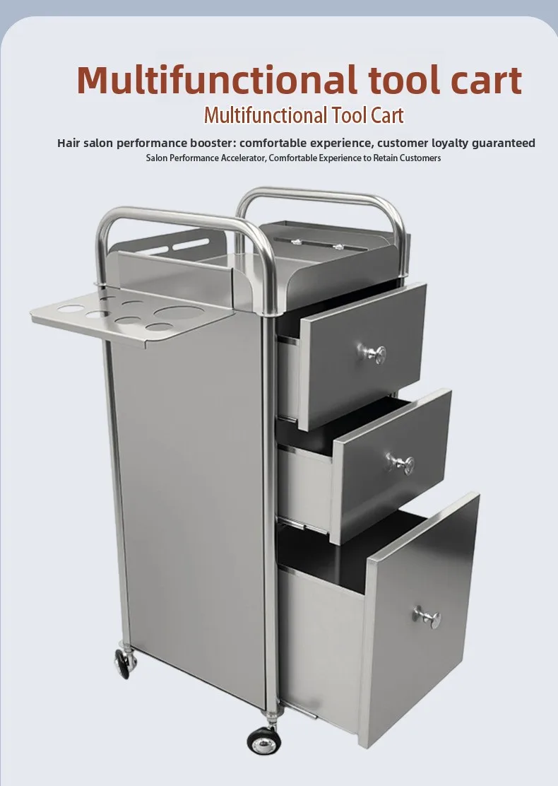 YJQ Barber Shop Tool Cabinet Stainless Steel Hairdressing Tool Desk Storage Locker with Drawer