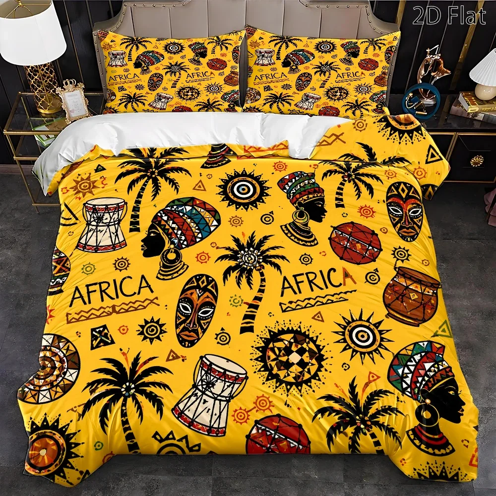 3-Piece African Ethnic Style Bed Set (1*Duvet Cover + 2*Pillowcases), Duvet Cover Set Suitable for All Seasons, Machine Washable, Invisible Zipper, Personal Bed Cover Suitable for Home, Dormitory, Master Bedroom, Guest Room, Large Duvet Cover Set Featuring Palm Tree Totem Mask and Drum Elements, Exotic Style Bedding Set, Artistic Print Bedroom Bedding Set, Popular African Culture Bedding Set