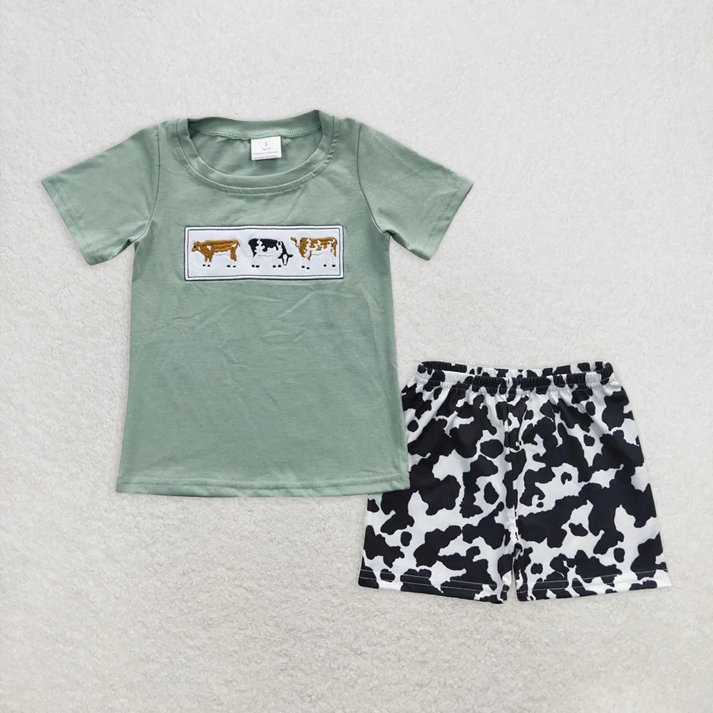 

Комплект летней одежды с принтом коровы в стиле вестерн для маленьких мальчиков, рубашка с короткими рукавами, шорты, комбинированный комплект для мальчиков