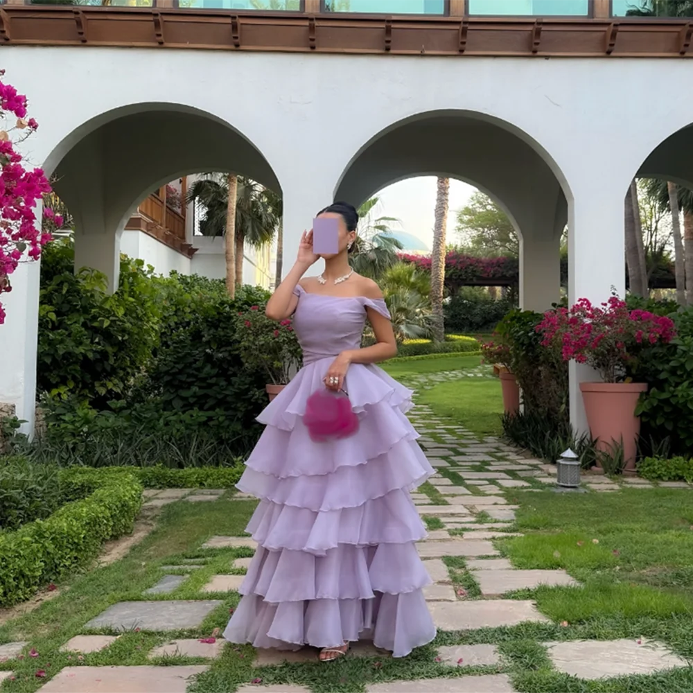 

Customized Boat Neck A-Line Evening Dresses Off The Shoulder Tiered Ruffles Backless Organza Prom Gown Modern Midi Party Dress
