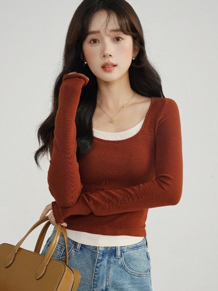 Women Sweet Chic Two-tone T-shirt Contrast Panel U-neck Long Sleeved Soft and Cozy Knit Top Perfect for Layering Spring Autumn