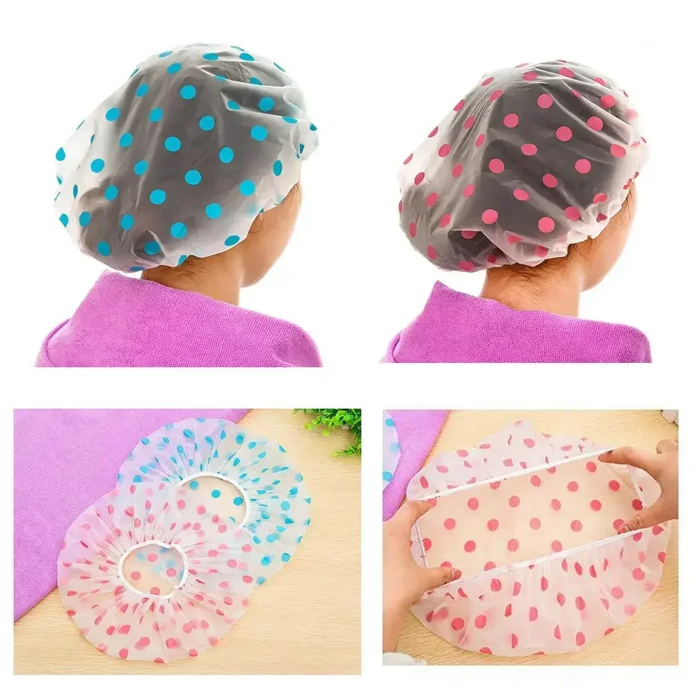 Women Shower Cap Waterproof Wide Elastic Band Reusable Bashroom Cap Fashion Wave Point Shower Hat Bathroom Accessories