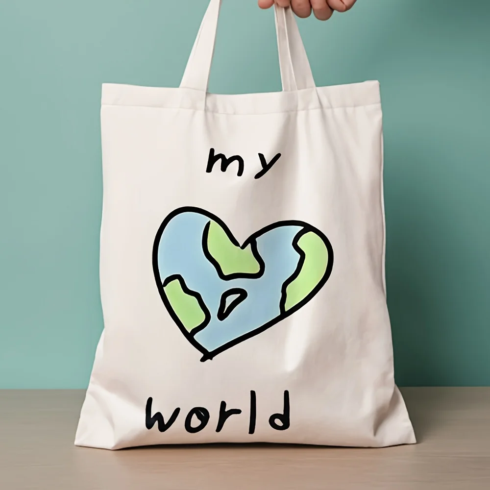 Sac fourre-tout en forme de cœur avec imprimé My World, en toile, pour les amoureux de la nature et les éco-conscients, idéal pour les trajets quotidiens