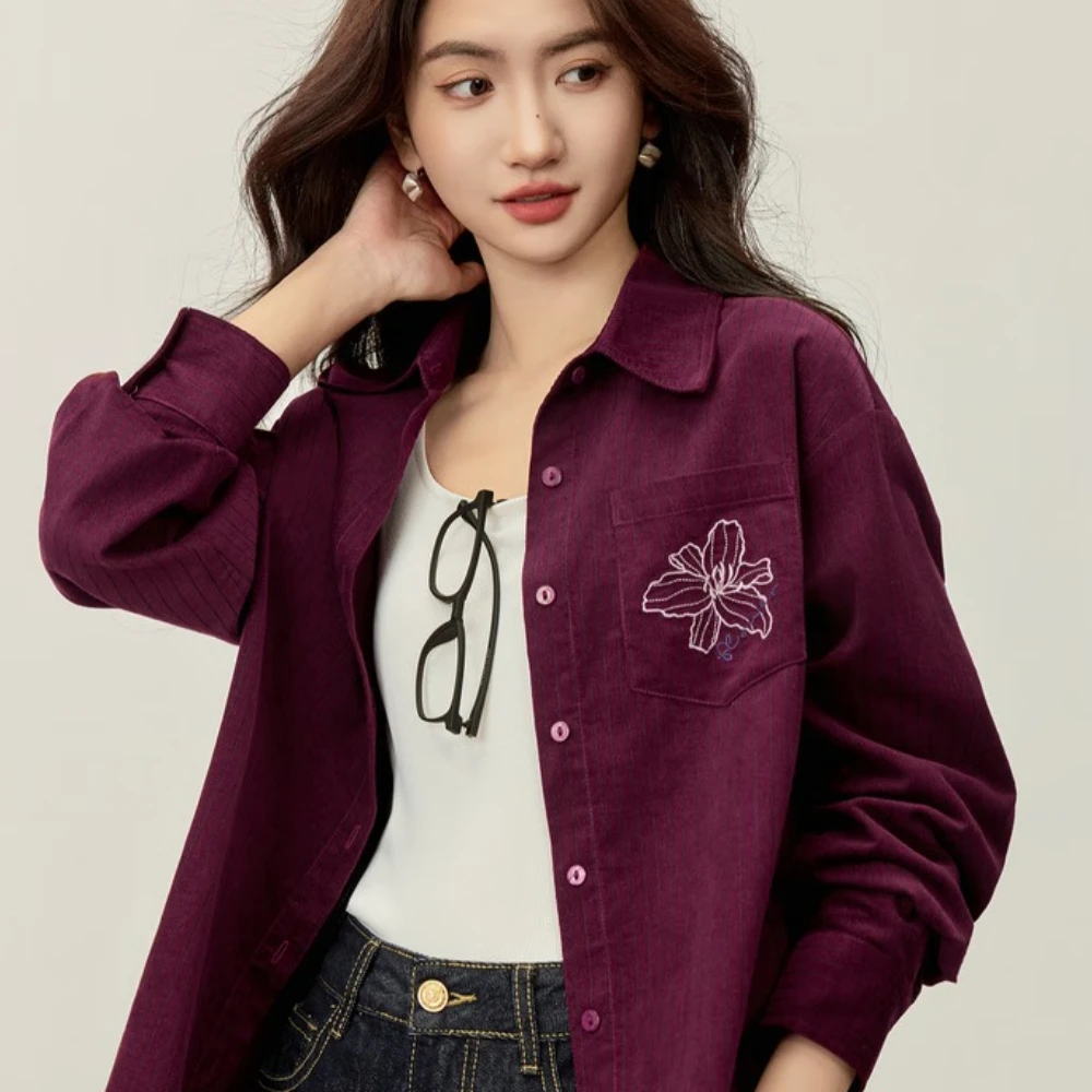 SENTUBILA القطن سروال قصير قميص للنساء 2025 الخريف عادية زهرة مطرزة كم طويل قمصان السيدات قمة حمراء 153C80507 #2