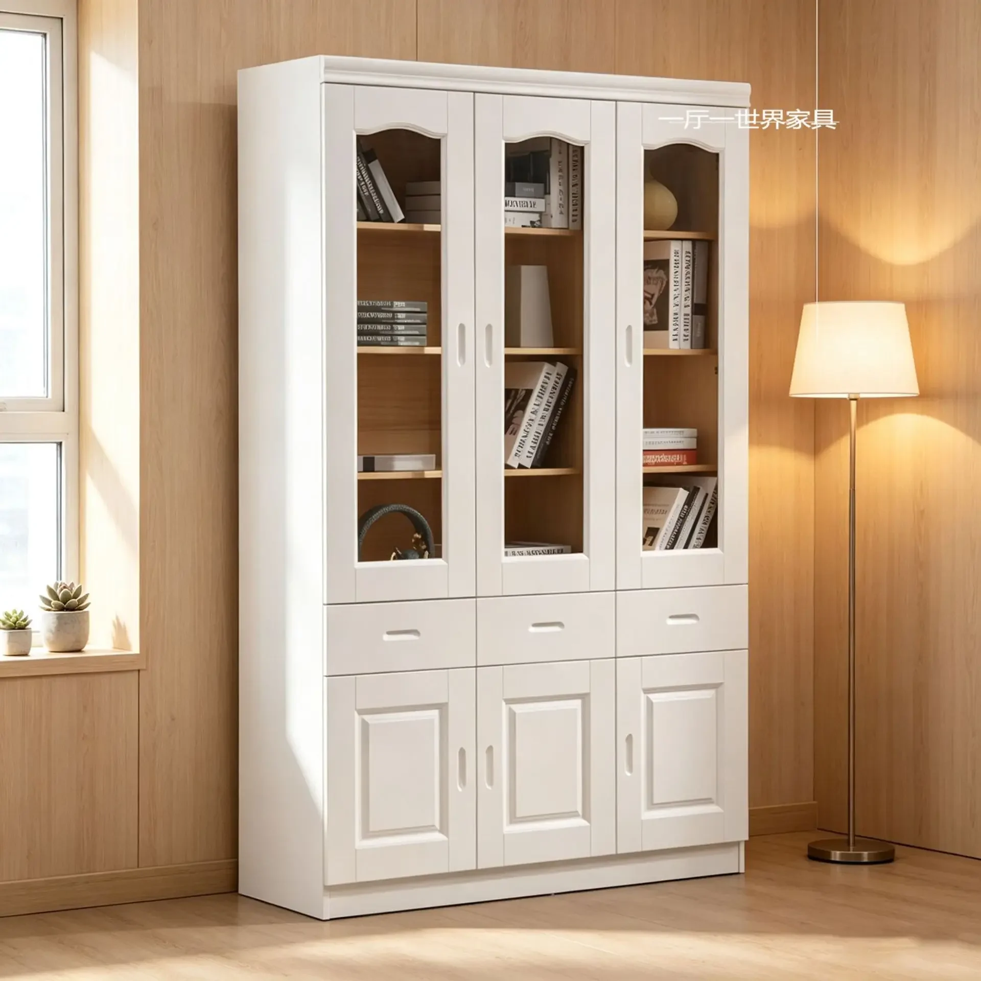 Oak bookcase, all solid wood, two doors and three doors bookcase combination with glass door, simple modern