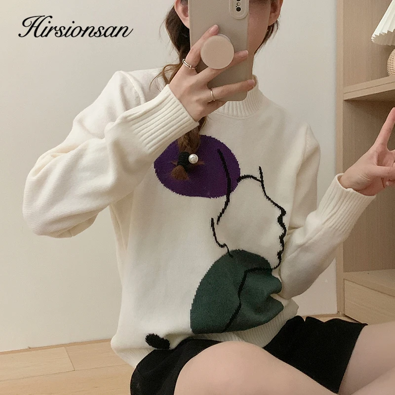 Hirsionsan Elegant Soft Sweater Women 2023 Winter Korean Abstract Character Embroidery Knitted Pullovers Casual Female Jumper