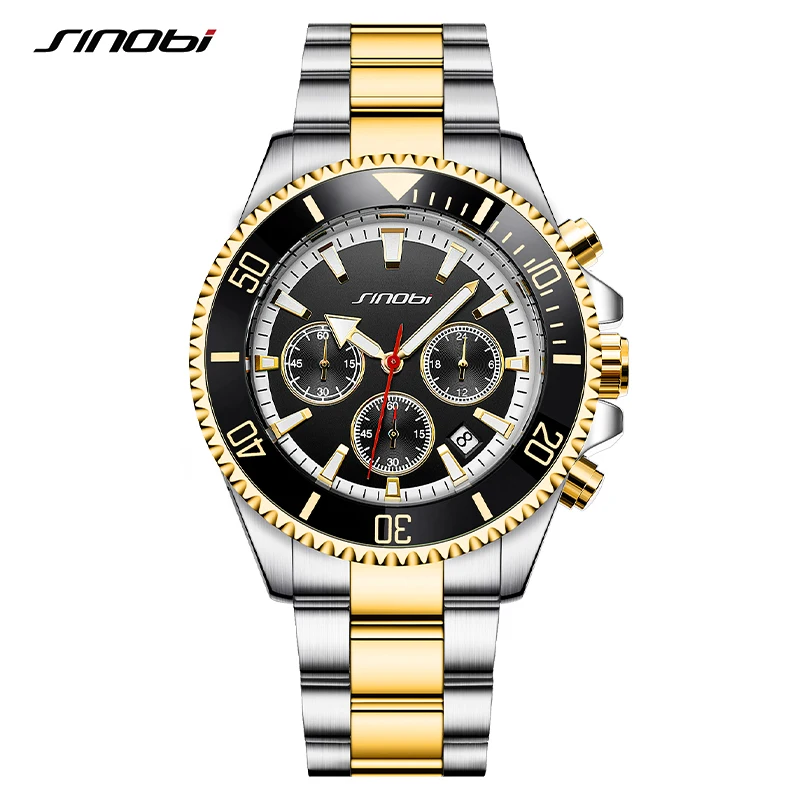 SINOBI Luxury Brand Business Men\'s Watch Fashion 43mm Dial Plate Stainless Steel Strap Calendar Date Sports Men Wristwatches