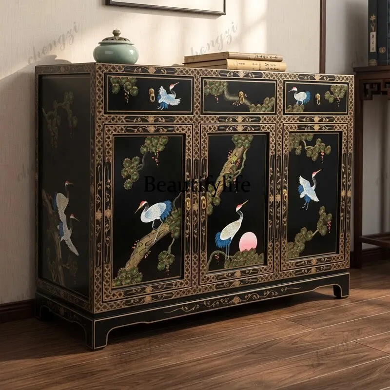 New Chinese-style entrance cabinet painted solid wood living room decoration cabinet paint black pure hand-painted cabinet