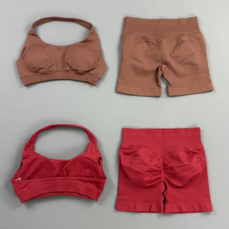 2-teiliges HISTELLO Impact Gym Set für Damen, Sport-BH und Shorts, offener Rücken, Scrunch-Butt, nahtloses Workout-Jogging-Sport-Trainingsset – Detail 12