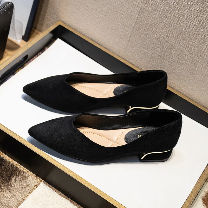 Women's Pointed Toe Simple Chunky Heel Suede Leather Shoes Plus Size Ladies Slip on Low Heel Dress Work Shoes
