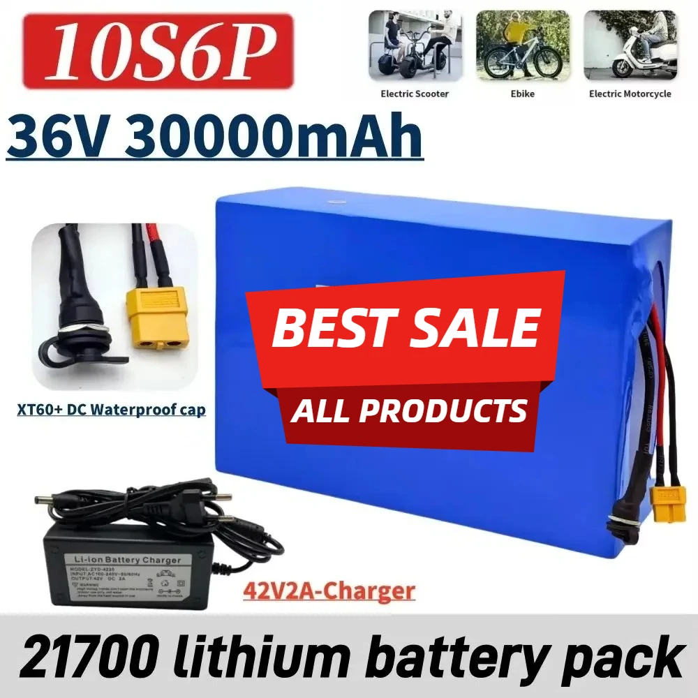 100% New 36V 30000mAh high-power 10S6P 21700 lithium rechargeable battery pack, customizable with various connector plugs