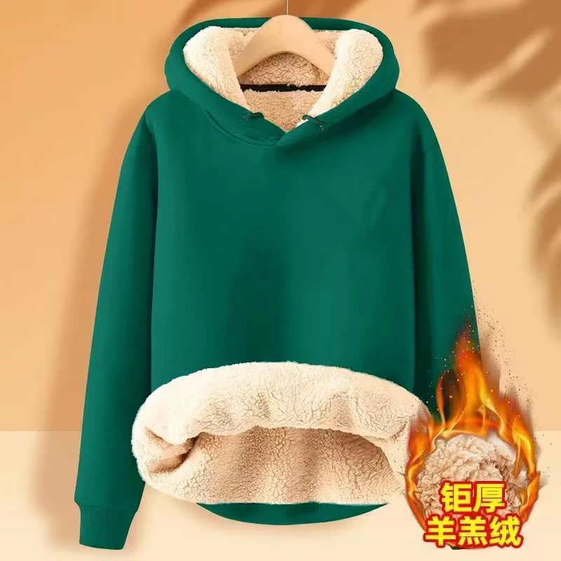 Plus Size Fleece Sweatshirt Thickened Lamb Plush Hooded Pullover Casual Solid Sports Top Long Sleeve Woman Clothes Winter Loose