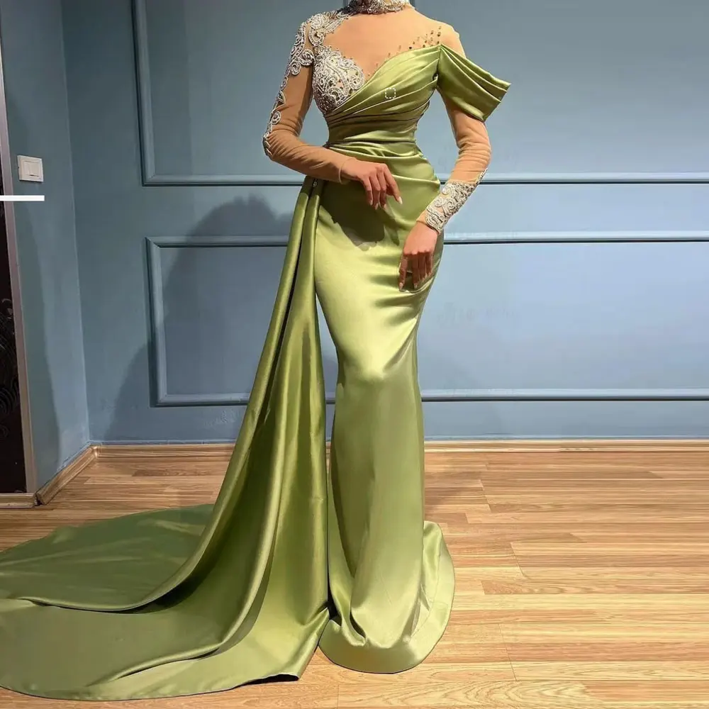 Sexy Green Mermaid Satin Evening Dresses Women Naked Neck Beaded See Through Long Sleeves Prom Gowns with Side Train Second Robe