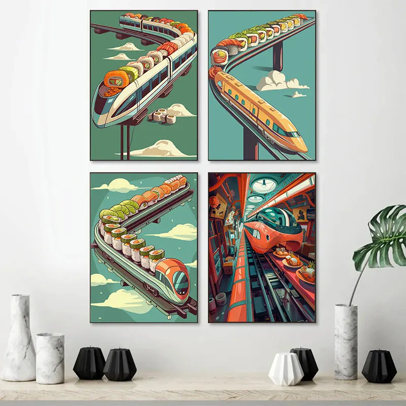 Conveyor Belt Sushi Train Poster Bullet Train Anime Art Print Japanese Canvas Painting Wall Picture Living Room Home Decor Gifts