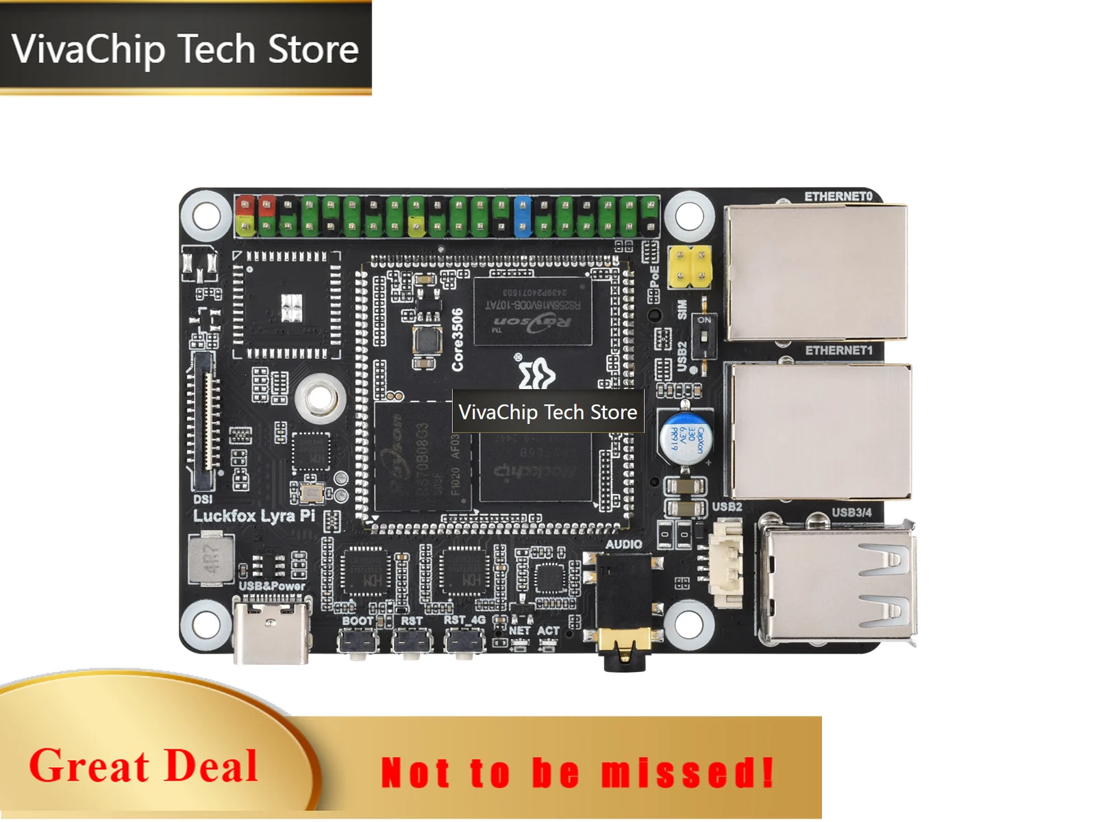 VivaChip TechLuckfox Lyra Pi Linux SBC W/Tri-Core A7+M0, Dual LAN, MIPI DSI, USB OTG, Rockchip Matrix IO (98 Funcs)