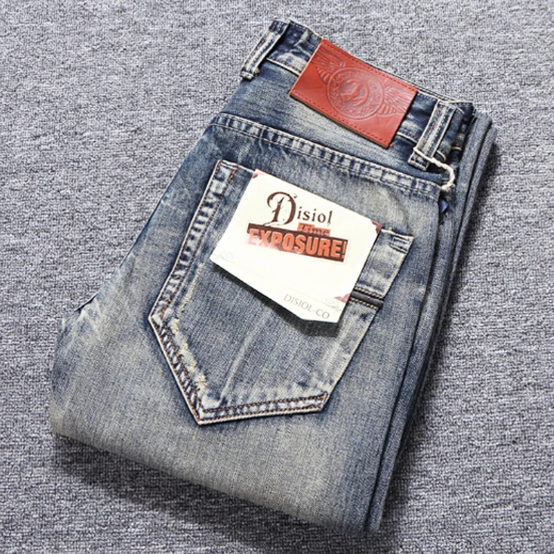 Fashion Designer Men Jeans Retro Yellow Blue Slim Fit Hole Ripped Jeans Men Embroidery Patched Vintage Casual Denim Pants Hombre