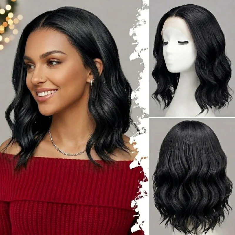 

Black Short Wavy Synthetic Bob Wig Lace Hairline Heat Resistant Natural Look Daily Hairstyle Wig for Women