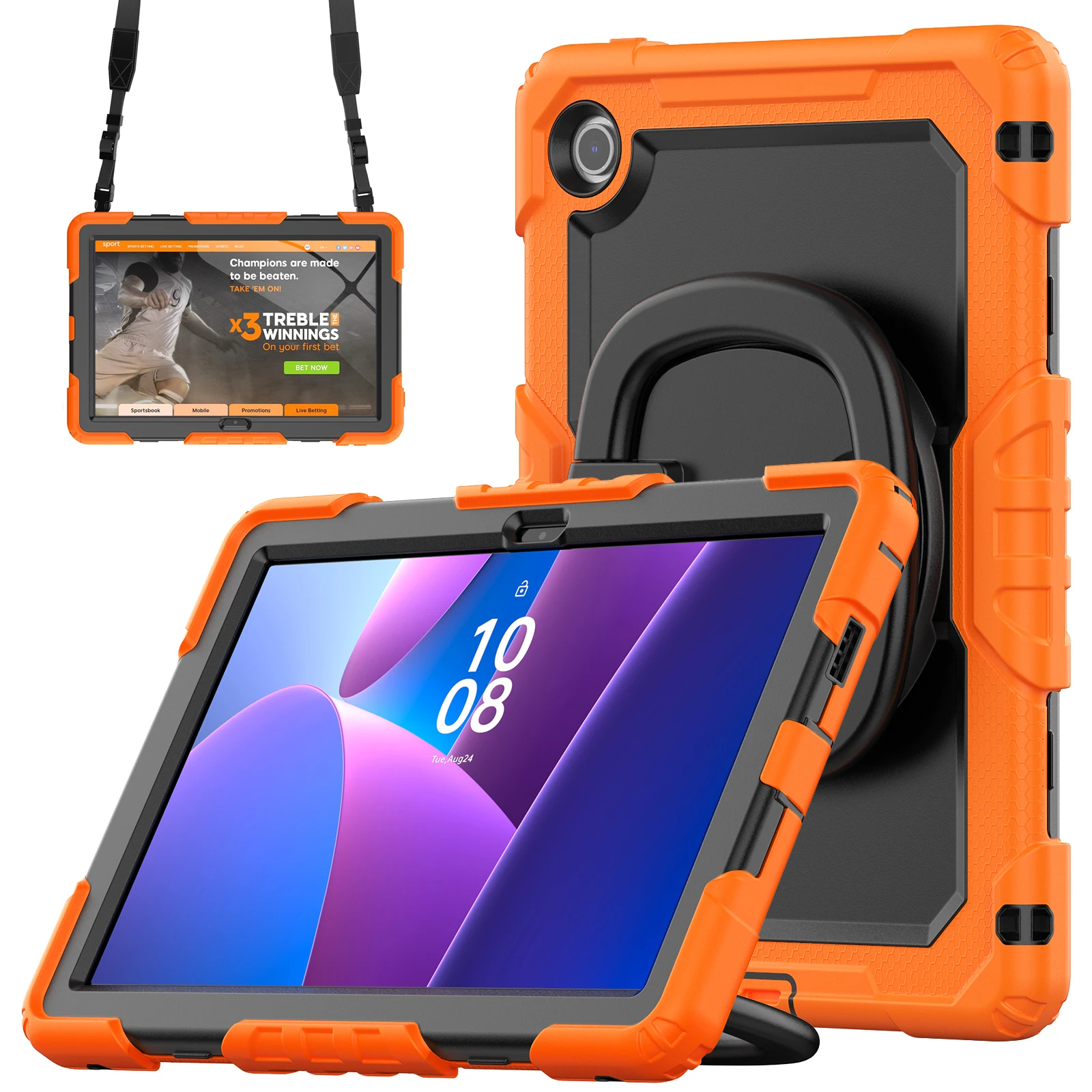 

For Lenovo Tab 10.1 (2025) TB-311XU / Tab TB311FU Kickstand Case PC + Silicone Tablet Cover with Shoulder Strap - Orange