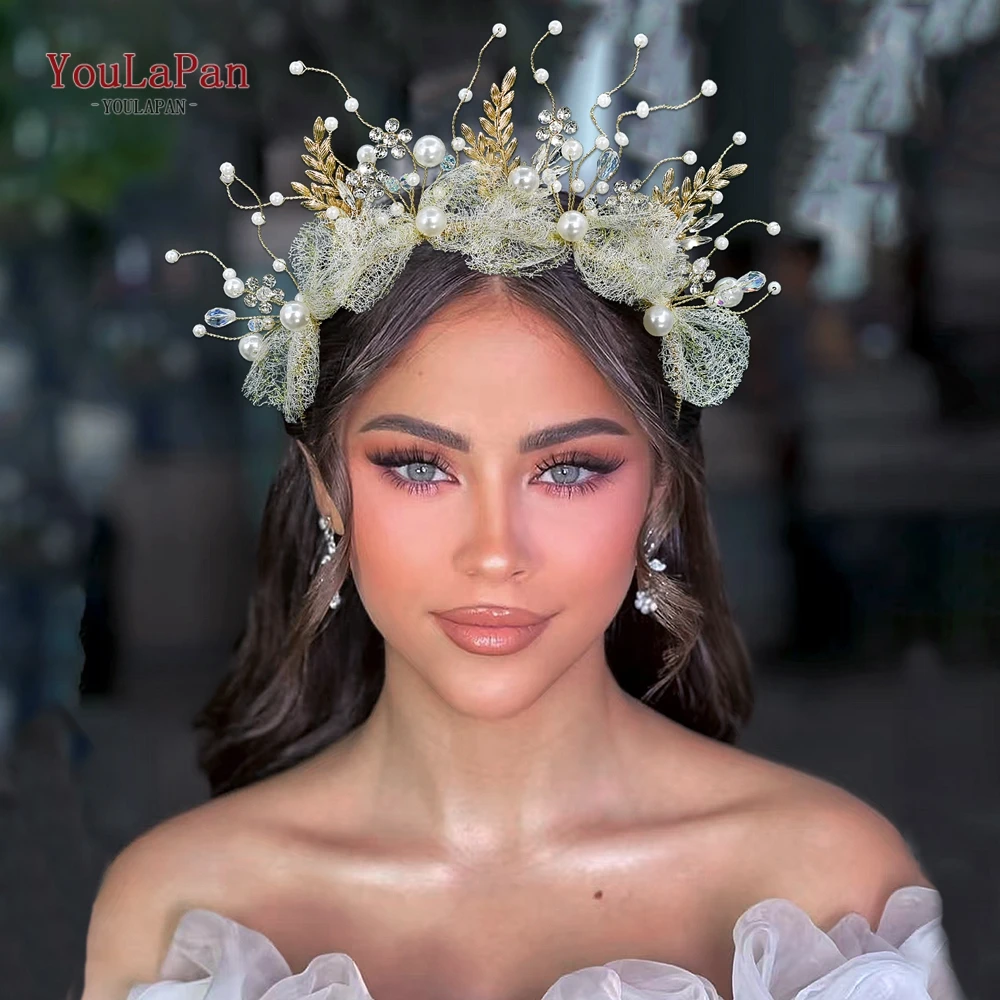 YouLaPan Gold Color Bride Crown Bride Headband Wedding Hair Accessories For Women Alloy Leaf Pearl Headpieces Tiaras HP943