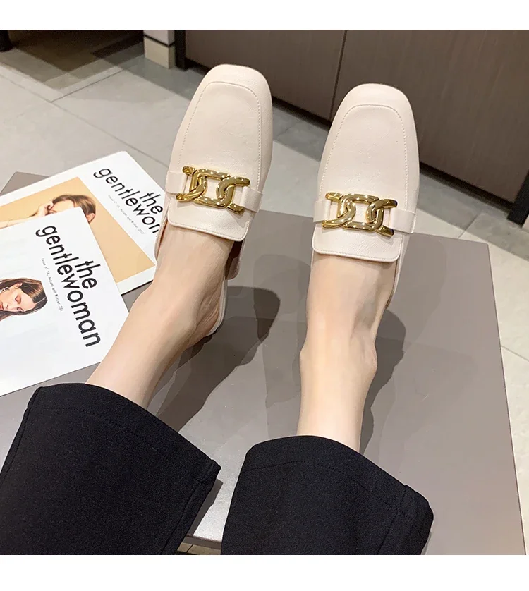 Simply Metal Buckle Slippers Women Cover Toe Mules Flats Low Heels Shoes Ladies Casual Slip On Slides House Pantuflas Femme