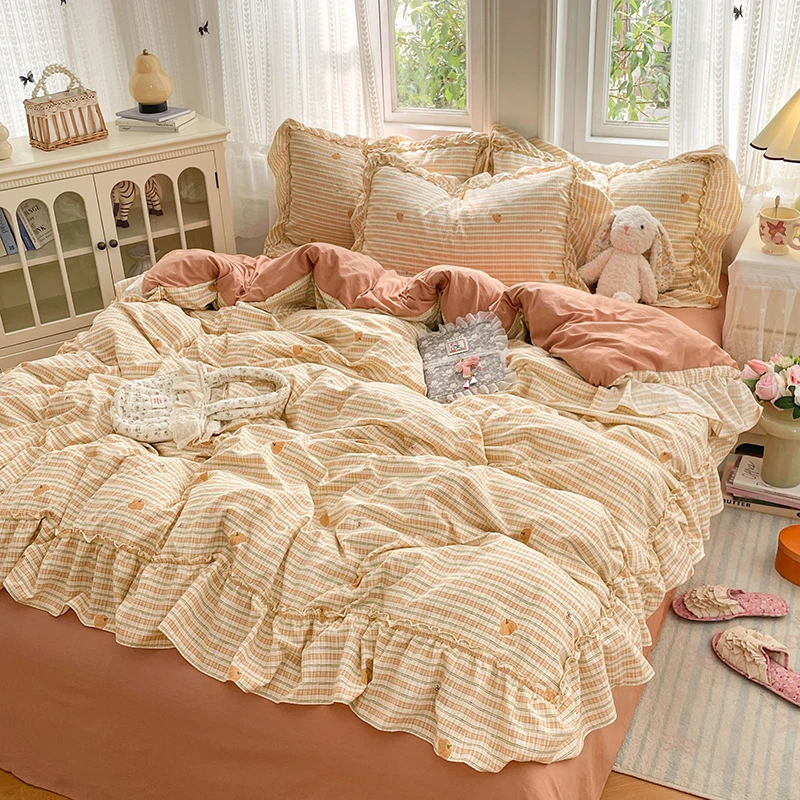 Pumpkin Striped Printed Duvet Cover with Lace Single/Queen/King Size Quilt Cover with Ruffles funda edredón 220x240 이불 커버